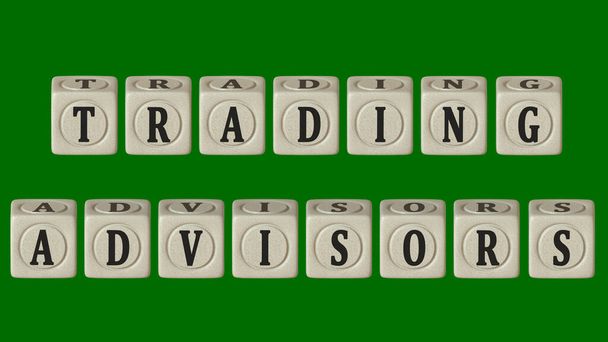 Cubes with the words "trading", "advisors", on a white background. 3D rendering. Finance concept. Blank for design. Layout. Isolated - Photo, Image