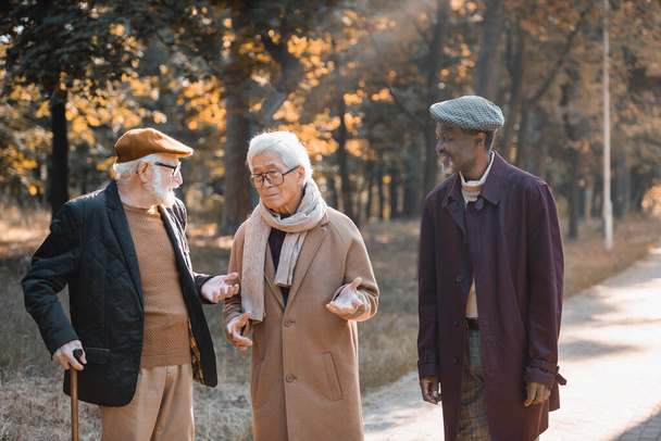 Senior man with walking cane talking to interracial friends in autumn park  - Photo, Image