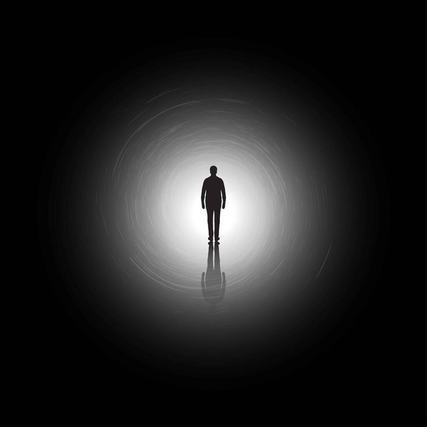 La silhouette dell'uomo si illumina nel tunnel. Uscite. Illustrazione di un uomo in depressione. Illustrazione psicologica. - Vettoriali, immagini