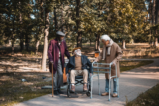 Rotujenväliset vanhukset pyörätuolilla ja kävelykehikolla syksyllä puistossa  - Valokuva, kuva
