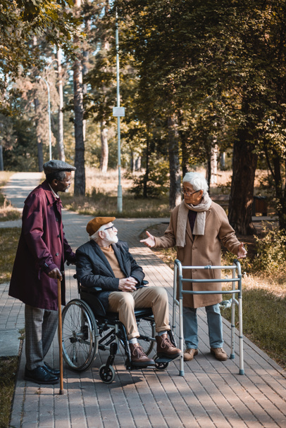 Азиатский мужчина с ходячей рамкой разговаривает с межрасовыми друзьями с инвалидной коляской в парке  - Фото, изображение