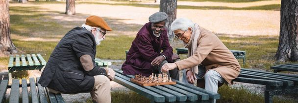 Smiling interracial men playing chess in autumn park, banner  - Photo, Image