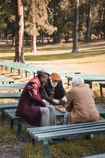 Multiethnic men sitting near chess board in autumn park  - Zdjęcie, obraz