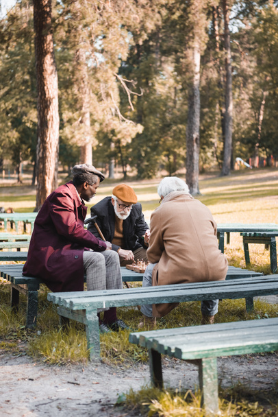 Senior man playing chess with multiethnic friends on benches in park  - Photo, Image