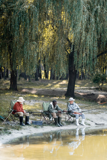 Cheerful multicultural men in rubber boots fishing on chairs near lake in park  - Photo, Image