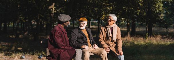 Ancianos hombres multiétnicos hablando en el banco en el parque, pancarta - Foto, Imagen