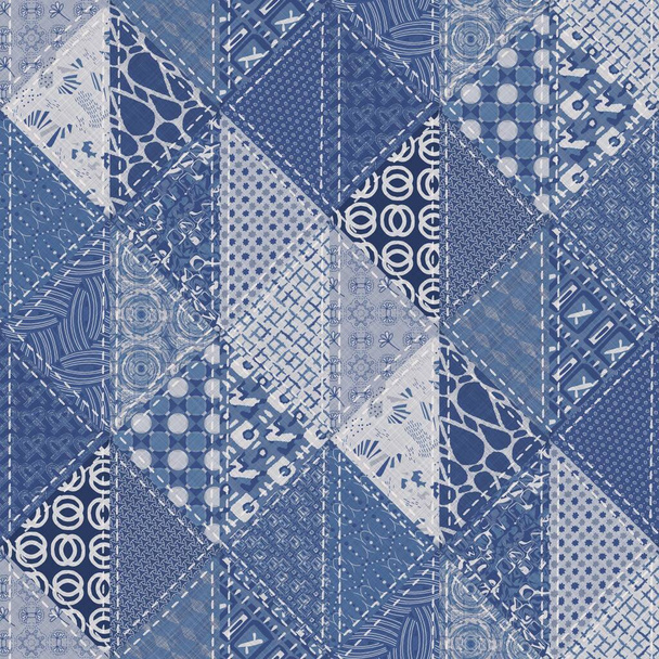 Denim western blue patchwork triangle woven texture. Indigo vintage wash printed cotton textile effect. Patched jean home decor background. Boho bandana quilt stitch allover fabric print material. - Photo, Image
