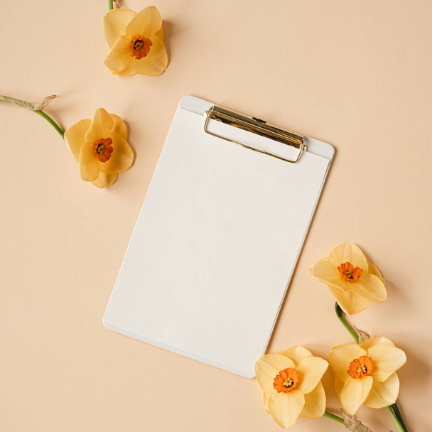 Tarafsız bej masa üzerinde boş kağıt levha olan pano tableti. Estetik sanatçı ev ofis çalışma masasında narsist çiçeklerle. Düz yatış, boş kopyalama alanı olan üst görünüm modeli - Fotoğraf, Görsel