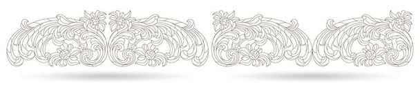 Un ensemble d'illustrations de contour dans un style vitrail avec des éléments botaniques abstraits, des contours sombres isolés sur un fond blanc - Vecteur, image