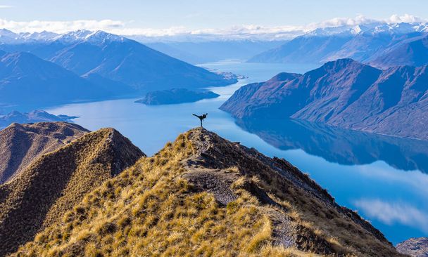 Asijské turistické cvičení bojových umění boční noha kop na Roy 's Peak Lake Wanaka na Novém Zélandu - Fotografie, Obrázek