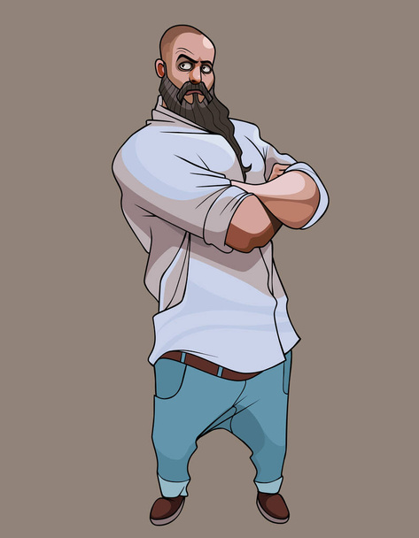 serious cartoon bearded man in shirt and jeans stands with his arms crossed on his chest - Vector, afbeelding
