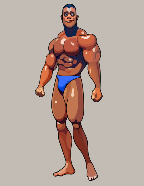 cartoon muscular man bodybuilder posing standing in blue swimming trunks - Vektor, Bild