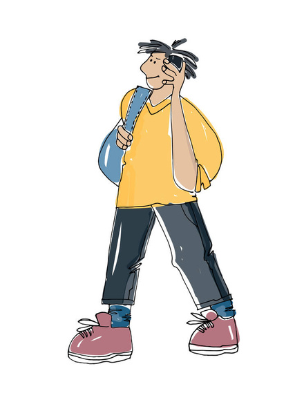 Adolescent garçon marche et parle téléphone portable. Illusion vectorielle colorée - Vecteur, image