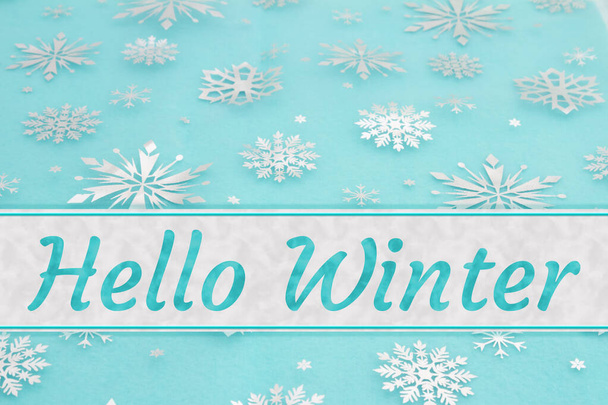 Hello winter greeting card with blue and silver snowflakes - Photo, Image