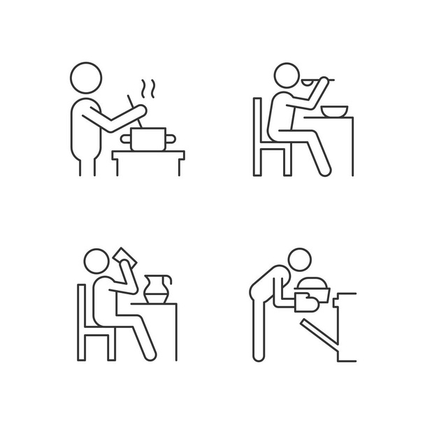 Cooking rotine linear icons set. Meal preparation at home. Commonplace day-to-day human life. Customizable thin line contour symbols. Isolated vector outline illustrations. Editable stroke - Вектор, зображення