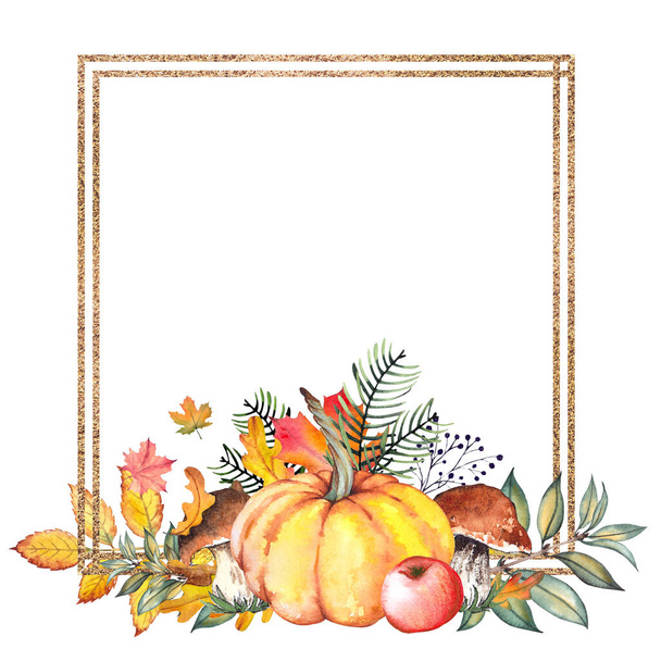 Gold autumn frame with pumpkin, colorful leaves and mushrooms. - Foto, imagen