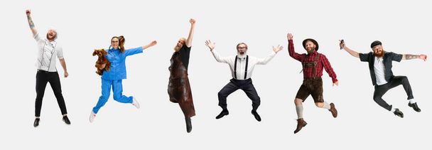 Collage of happy people, professor, vet, barber, smith and chef jumping isolated on white studio background. Horizontal flyer, collage - Photo, image