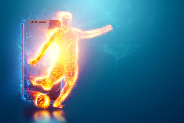 Das Hologramm eines Fußballers, der aus einem Smartphone-Bildschirm läuft. Das Konzept der Sportwetten, Fußball, Glücksspiel, Online-Übertragung von Fußball - Foto, Bild