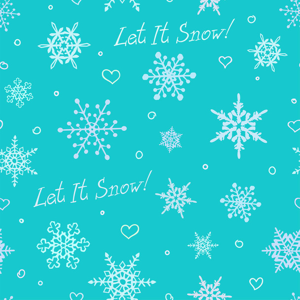 Let it snow. Seamless pattern with many light-blue snowflakes on the light blue-green background vector illustration - Vektori, kuva
