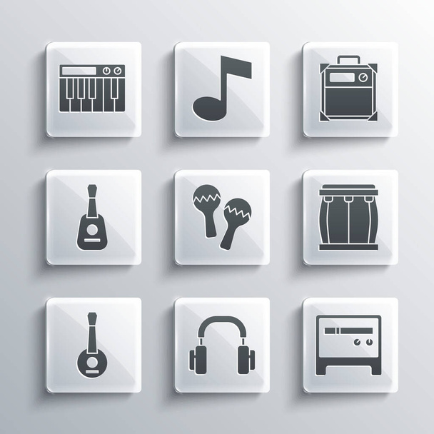 Set Headphones, Guitar amplifier, Drum, Maracas, Banjo, Music synthesizer and  icon. Vector - ベクター画像