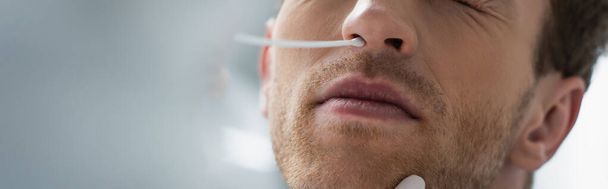обрезанный вид врача, держащего мазок возле носа пациента во время проведения теста на pcr, баннер - Фото, изображение