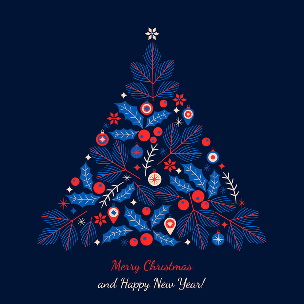 Wesołych Świąt i szczęśliwego Nowego Roku. Streszczenie stylizowane choinka z kulkami, święte i płatki śniegu w stylu liniowym. ilustracja wektora - Wektor, obraz