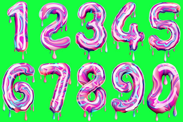 Set of numbers in the form of a sweet coffee, melt. Delicious number isolated on green background, Concept font, set of ten numbers. 3D illustration, 3D rendering - Fotografie, Obrázek
