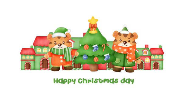 Christmas and new year greeting card with a cute tigers. - Vector, Image