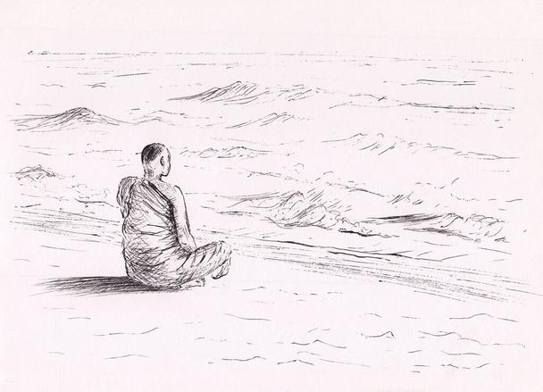 Rysunek tuszu z buddyjskim mnichem modlącym się na plaży. Twórcze tło natury do medytacji, relaksu, plakatu. Oryginalna abstrakcyjna sztuka. Kojące krajobrazy. Człowiek modlący się patrząc na spokojne morze. - Zdjęcie, obraz