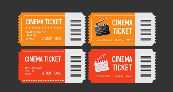 Cinema tickets. Set of tickets to the cinema. Movie ticket template with clapperboard and the inscription "Cinema Ticket" and details. Vector illustration. - Вектор, зображення