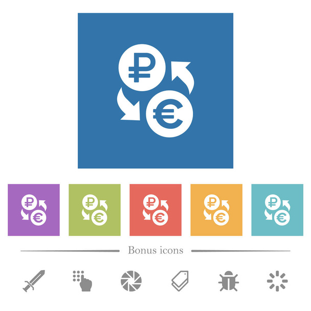 Ruble Euro pénzváltás lapos fehér ikonok négyzet hátterű. 6 bónusz ikonok tartalmazza. - Vektor, kép