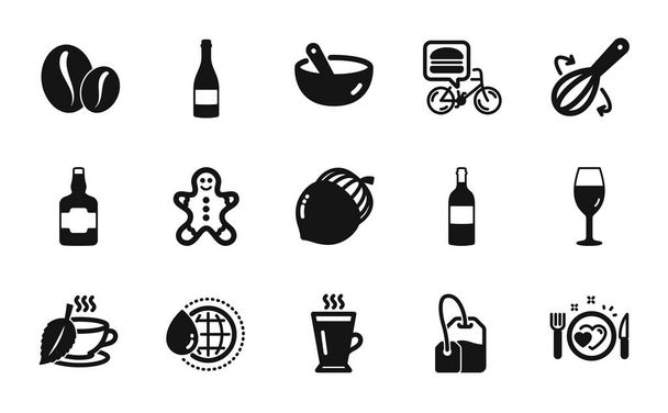 Vector set of Mint tea, Gingerbread man and Whiskey bottle icons simple set. Latte, World water and Wineglass icons. Acorn, Coffee beans and Cooking whisk signs. Mint tea simple web symbol. Vector - Vecteur, image