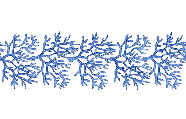 Μπλε κοράλλια στα σύνορα. Ακουαρέλα εικονογράφηση. φωτεινό στοιχείο κοραλλιού. Φωτεινά κοράλλια σε όμορφα υποθαλάσσια σύνορα με μοδίστρες. Χειροποίητη πολύχρωμη υδρόβια φώκια κομψή διακόσμηση. Λευκό φόντο - Φωτογραφία, εικόνα