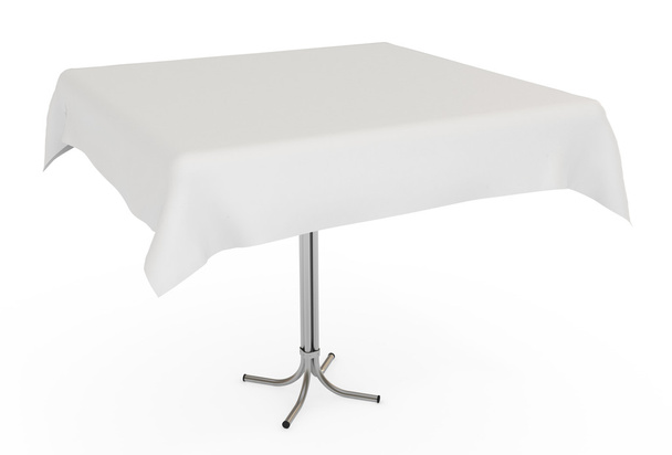 Mesa con tela blanca, aislada en blanco con camino de recorte
 - Foto, Imagen