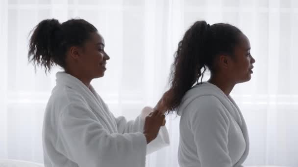 Φροντίζει μια νεαρή Αφροαμερικανή που χτενίζει τα μαλλιά της όμορφης έφηβης αδερφής της. - Πλάνα, βίντεο