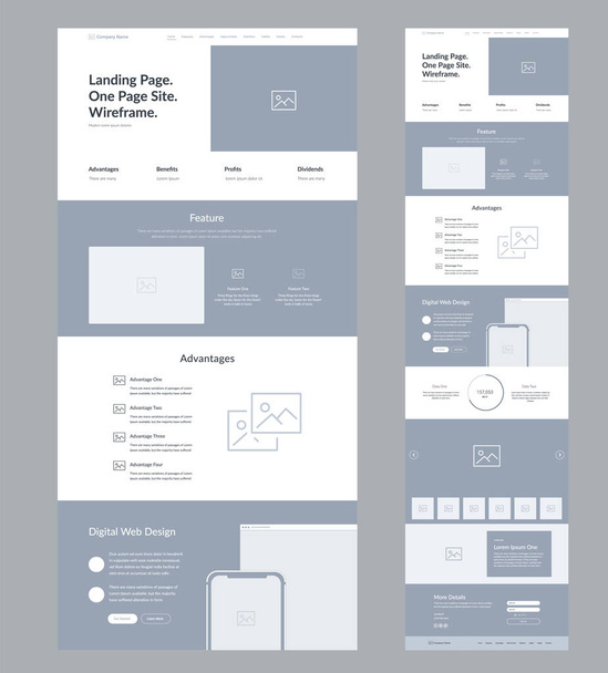 Modern and adaptive website design template for development. Landing page wireframe. - Vector, afbeelding