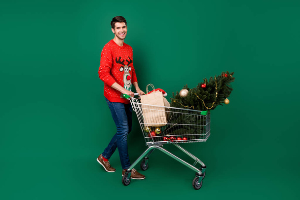 Full length body size photo man in shopping mall buy xmas presents tree isolated green color background - Фото, изображение