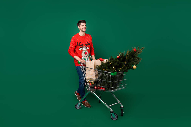 Full length body size view of attractive cheerful guy carrying fir tree shopping winter isolated over green color background - Fotoğraf, Görsel