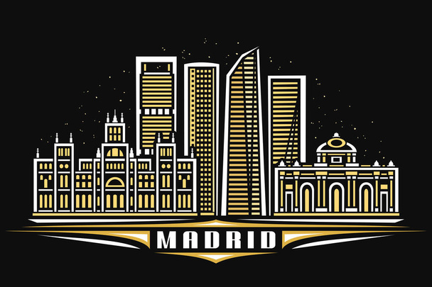 Векторная иллюстрация Мадрида, черный горизонтальный плакат с линейным дизайном с подсветкой Мадридского городского пейзажа, европейская концепция городской линии искусства с декоративной надписью для слова Мадрид на темном фоне. - Вектор,изображение