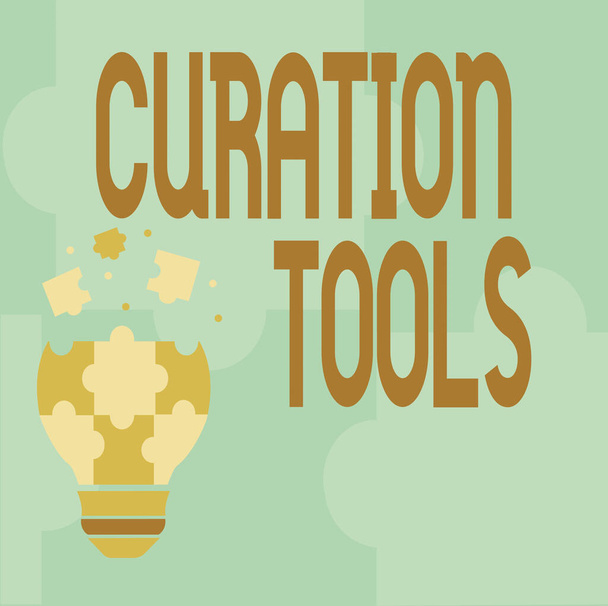 Tekst bijschrift presenteren Curation Tools. Zakelijke aanpak Software gebruikt bij het verzamelen van relevante informatie over een onderwerp Abstract Brainstormend Probleem En Oplossing, Zorgvuldig Denken Concept - Foto, afbeelding