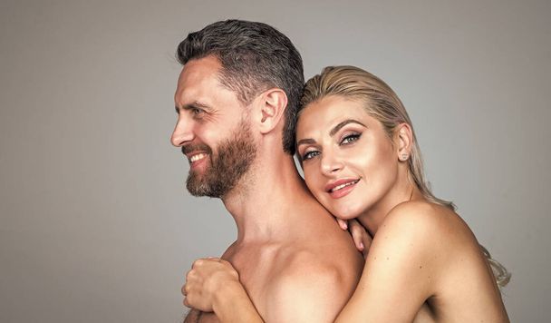 happy sexy couple in love of undressed man and woman embracing, relations - Zdjęcie, obraz