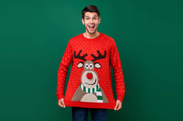 Photo portrait smiling man wearing xmas funny knitted sweater with reindeer isolated green color background - Fotoğraf, Görsel