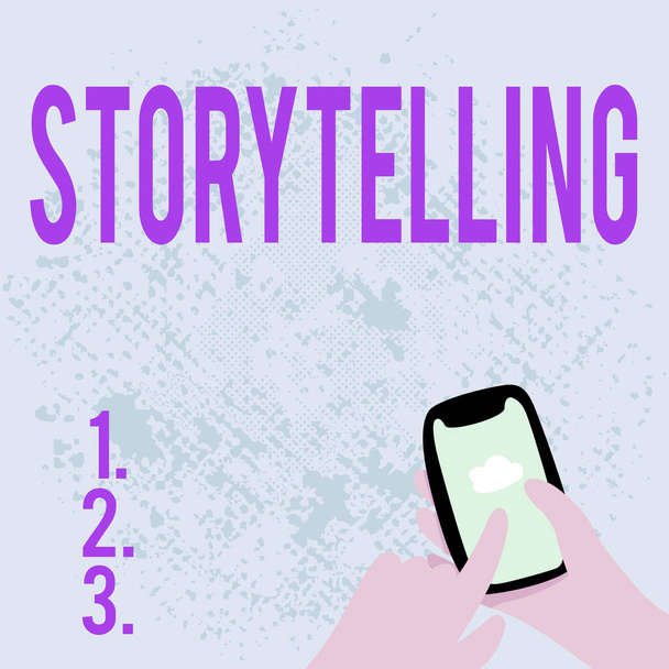 Tekenen met Storytelling. Woord voor activiteit verhalen schrijven om ze openbaar te maken Abstracte boodschap verspreiden Online, Global Connectivity Concepts - Foto, afbeelding