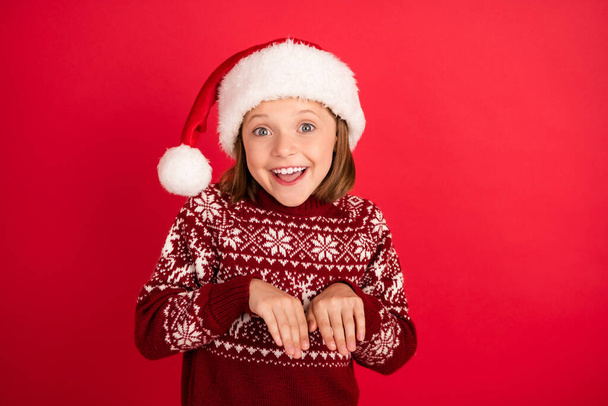 Foto di giovane bambina felice sorriso positivo ingannare animale Natale tempo isolato su sfondo di colore rosso - Foto, immagini