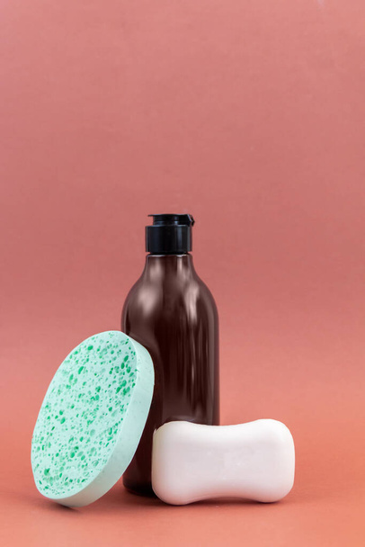 hygiene products against brown background - Foto, afbeelding