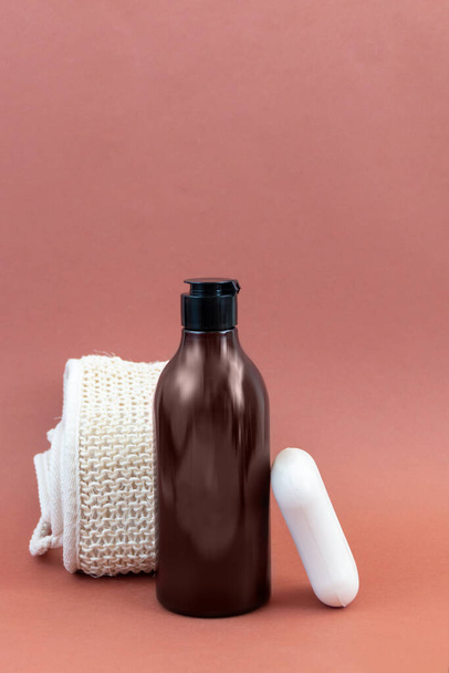 hygiene products against brown background - Φωτογραφία, εικόνα