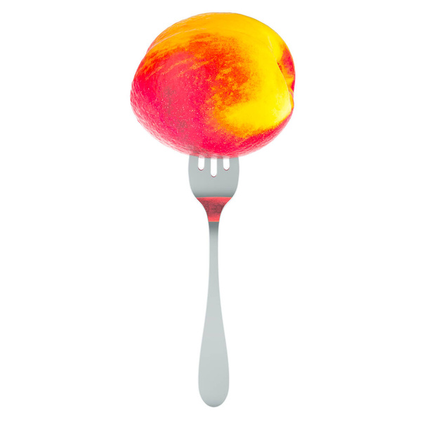 Nectarine on fork, 3D rendering isolated on white background - Valokuva, kuva
