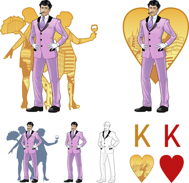 King of hearts attractive asian man with corps de ballet dancers silhouettes Mafia card set - Vector, Image