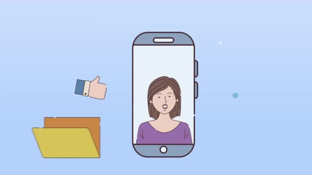 animation de travail numérique avec la femme dans le téléphone portable et les icônes - Séquence, vidéo