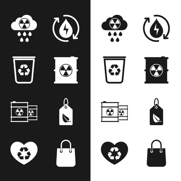 Set Radioactive waste in barrel, Recycle bin with recycle, Acid rain and radioactive cloud, clean aqua, Tag leaf, Shopping bag and Eco friendly heart icon. Vector - Vector, Image